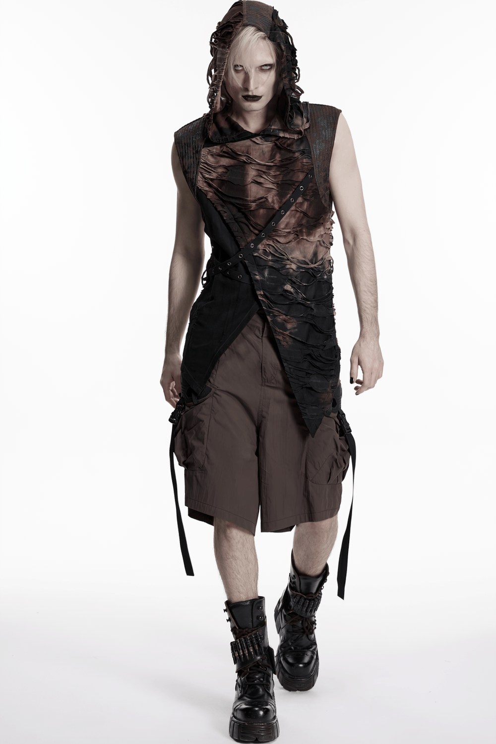 Men's Brown Post-Apocalyptic Hooded Asymmetric Sleeveless Top worn with cargo shorts and combat boots for a bold dystopian look.