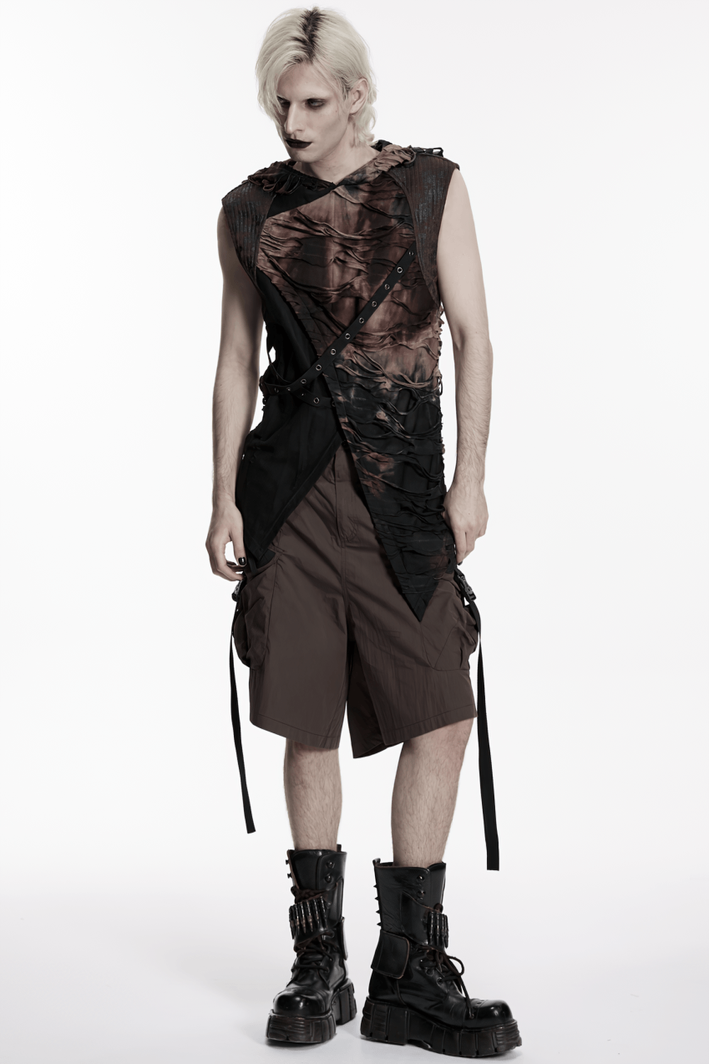Men's Brown Post-Apocalyptic Hooded Asymmetric Sleeveless Top worn by a model in a fashion shoot.