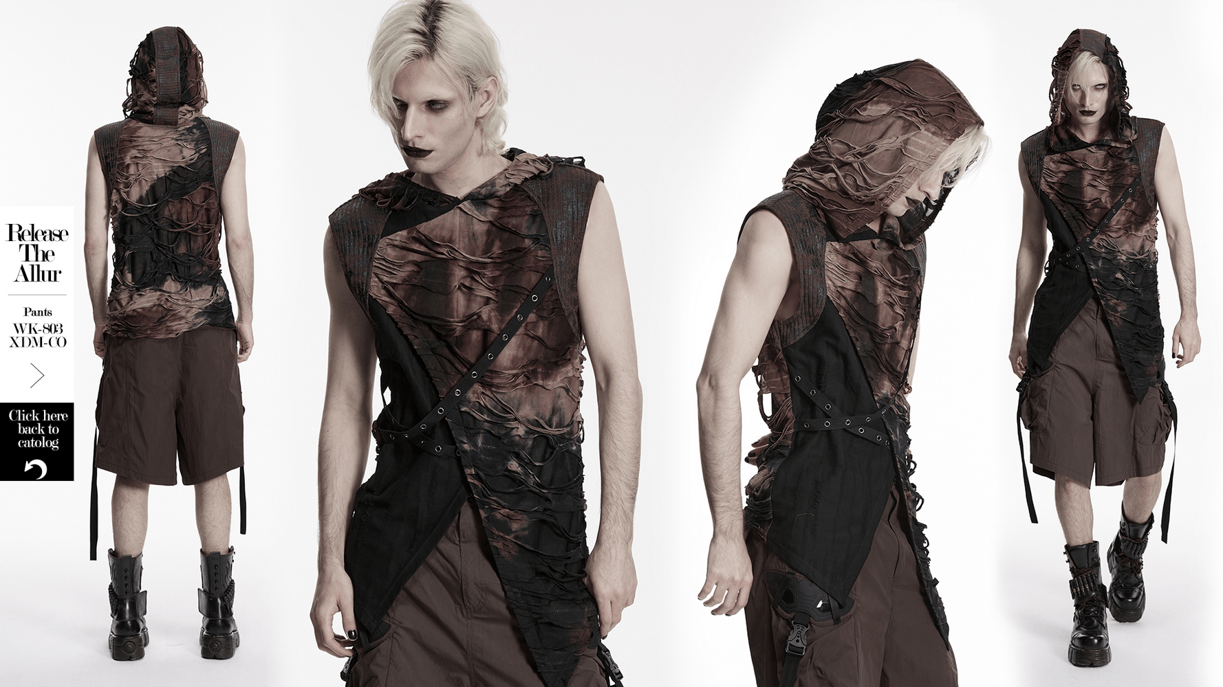 Men's Brown Post-Apocalyptic Hooded Asymmetric Sleeveless Top featuring tattered design and asymmetrical silhouette.