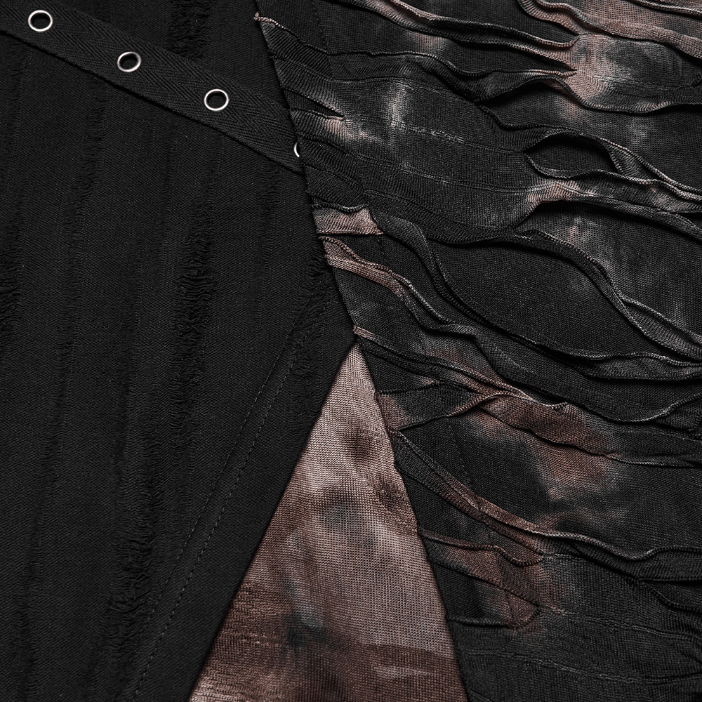 Men's Brown Post-Apocalyptic Hooded Asymmetric Sleeveless Top with tattered knit panels and eyelet straps.