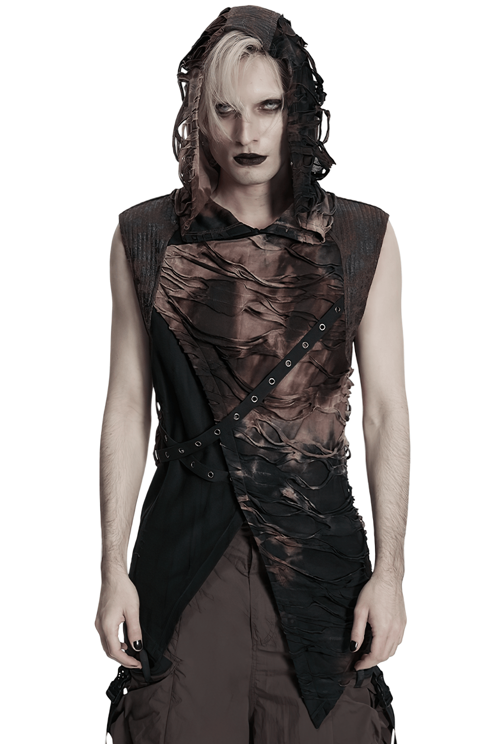 Men's Brown Post-Apocalyptic Hooded Asymmetric Sleeveless Top featuring tattered design and gothic style.