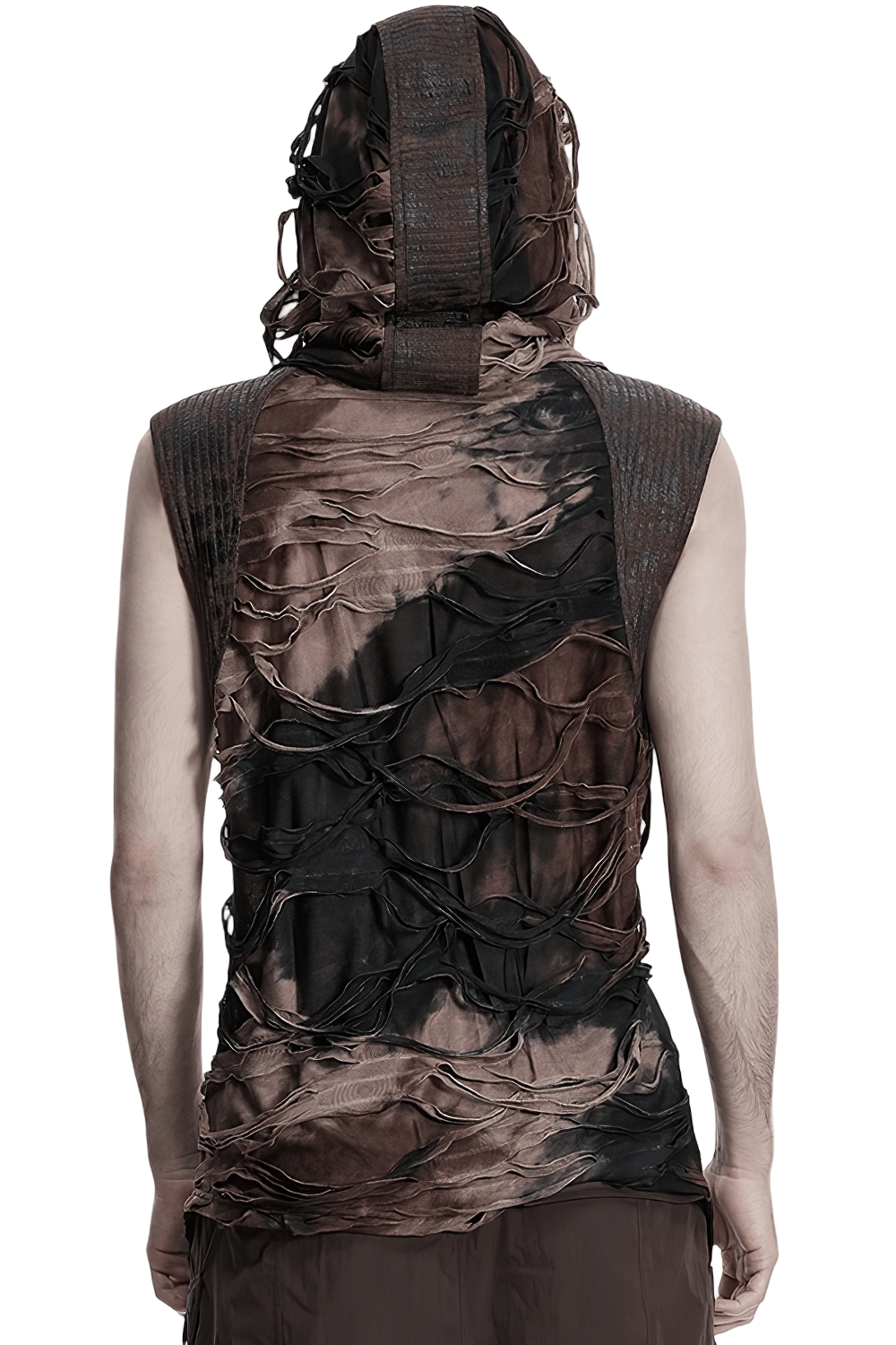 Men's Brown Post-Apocalyptic Hooded Asymmetric Sleeveless Top worn from the back, showcasing its tattered design and unique style.
