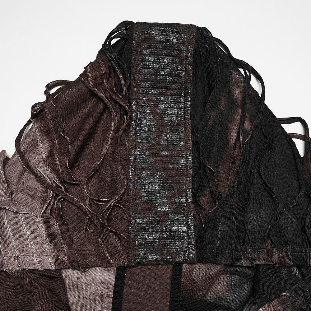 Men's Brown Post-Apocalyptic Hooded Asymmetric Sleeveless Top with tattered fabric and unique textures.