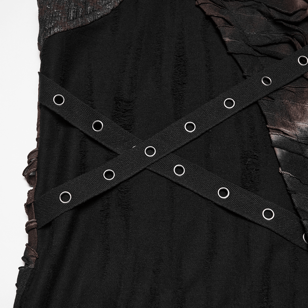 Men's Brown Post-Apocalyptic Hooded Asymmetric Sleeveless Top detail featuring tattered knit panels and eyelet straps.