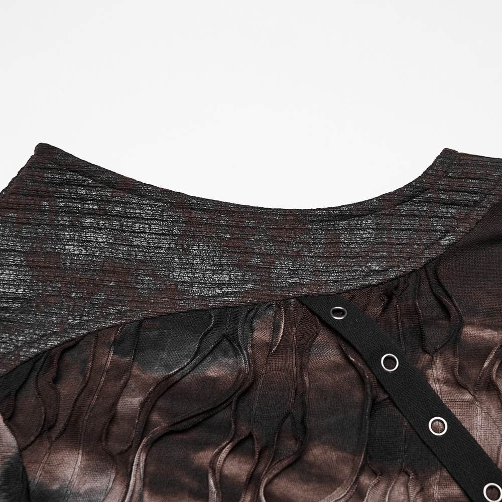 Men's Brown Post-Apocalyptic Hooded Asymmetric Sleeveless Top showing detailed tattered fabric and eyelet straps.