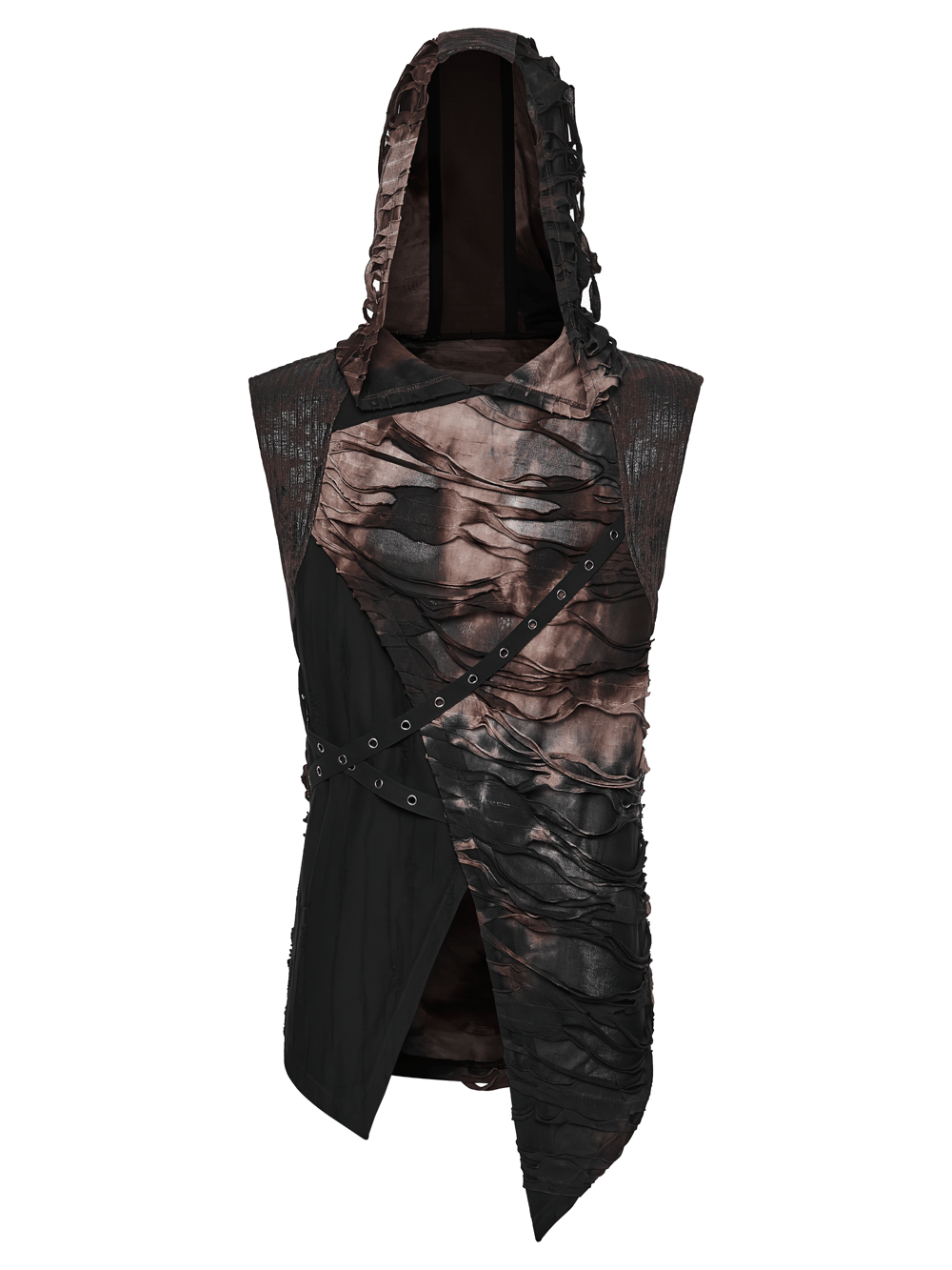 Men's Brown Post-Apocalyptic Hooded Asymmetric Sleeveless Top featuring tattered design and distressed finish.