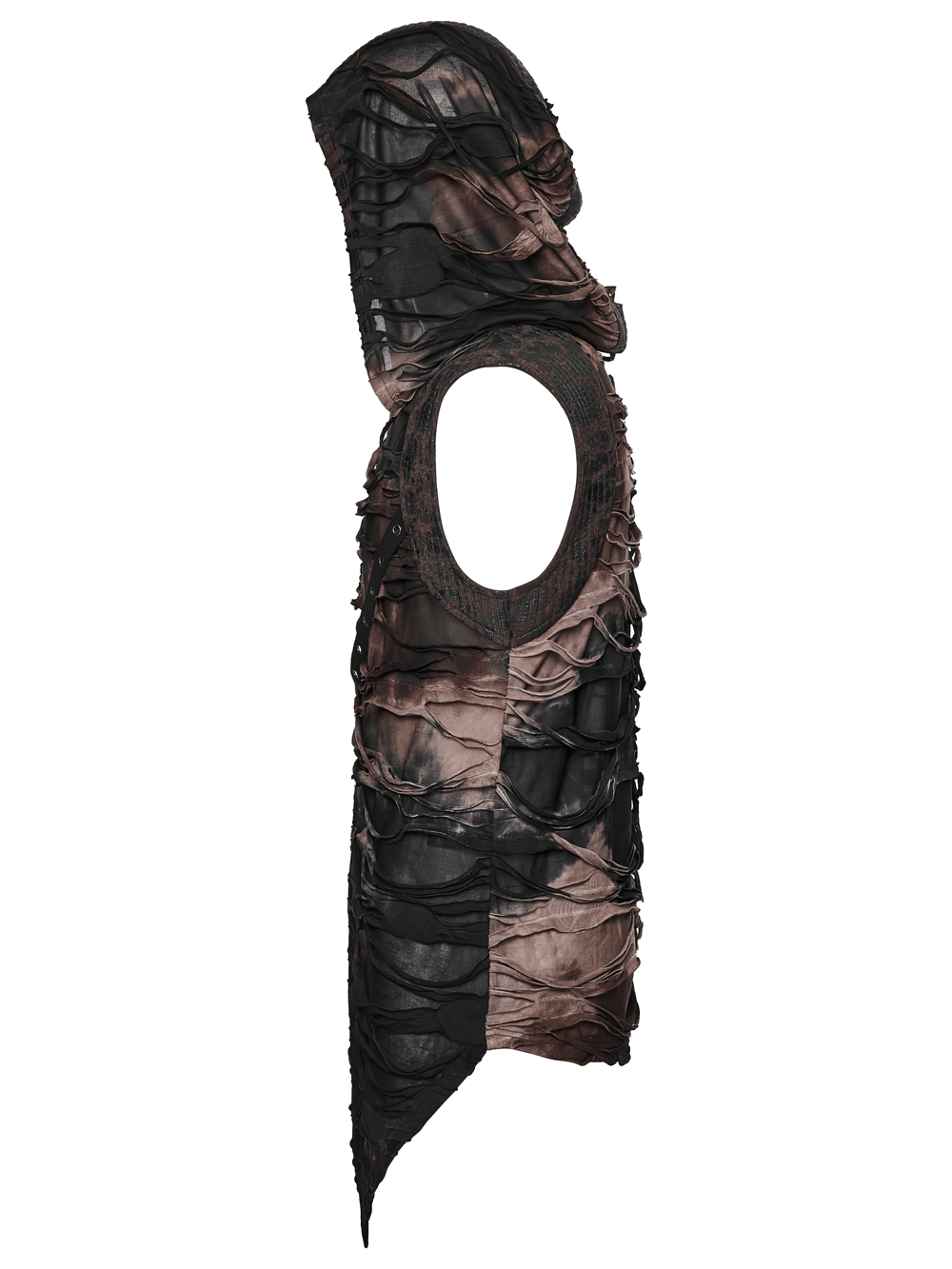 Men's Brown Post-Apocalyptic Hooded Asymmetric Sleeveless Top featuring tattered knit panels and a striking asymmetrical silhouette.