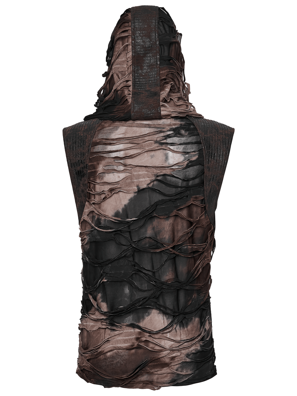 Men's Brown Post-Apocalyptic Hooded Asymmetric Sleeveless Top featuring tattered design and unique texturing.