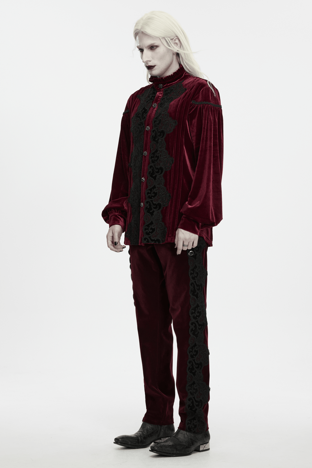 Men's Burgundy Gothic Velvet Court Shirt with Lace, Victorian-style ruffled collar and black embroidery