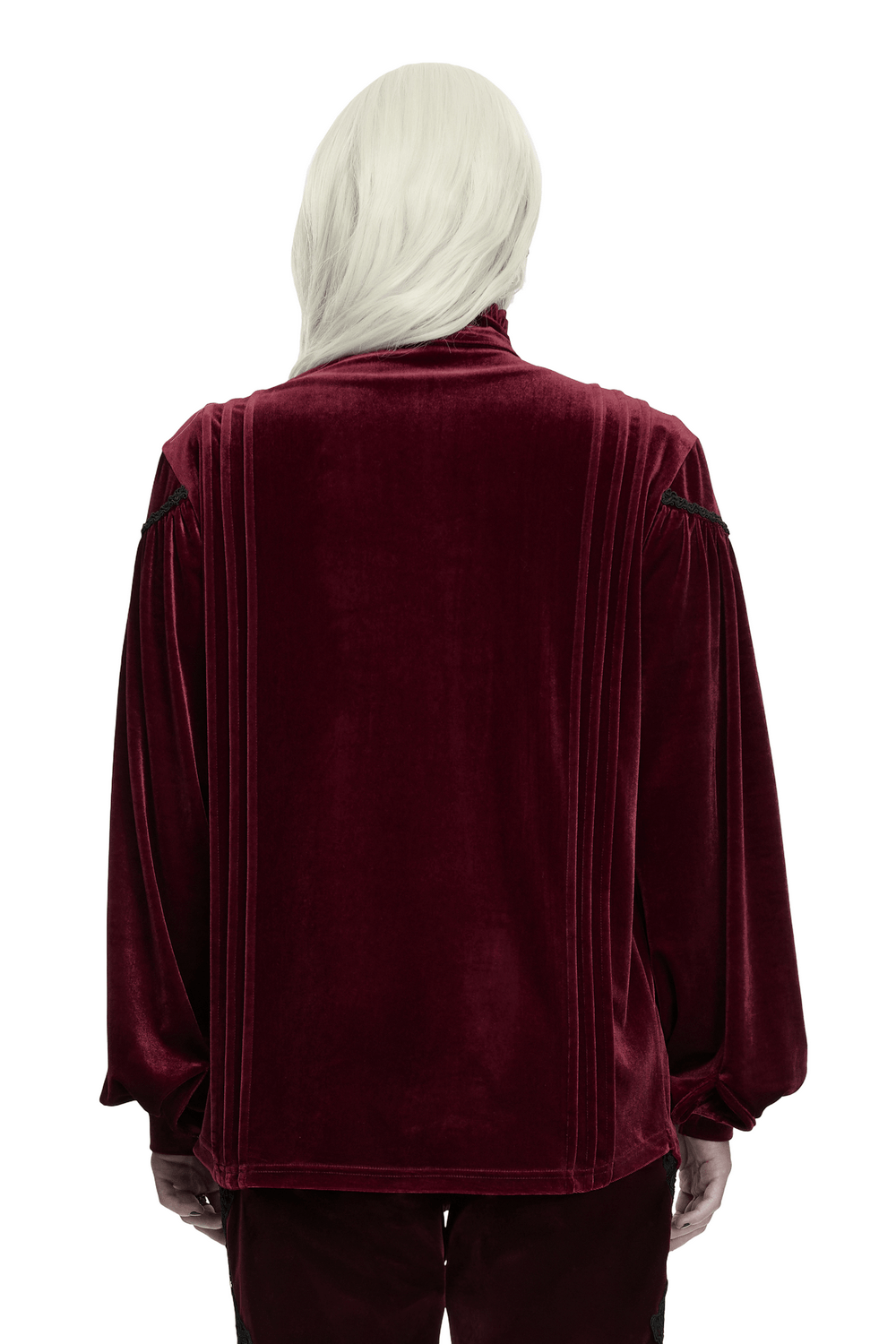 Men's Burgundy Gothic Velvet Court Shirt with Lace, back view with ruffled collar and lantern sleeves