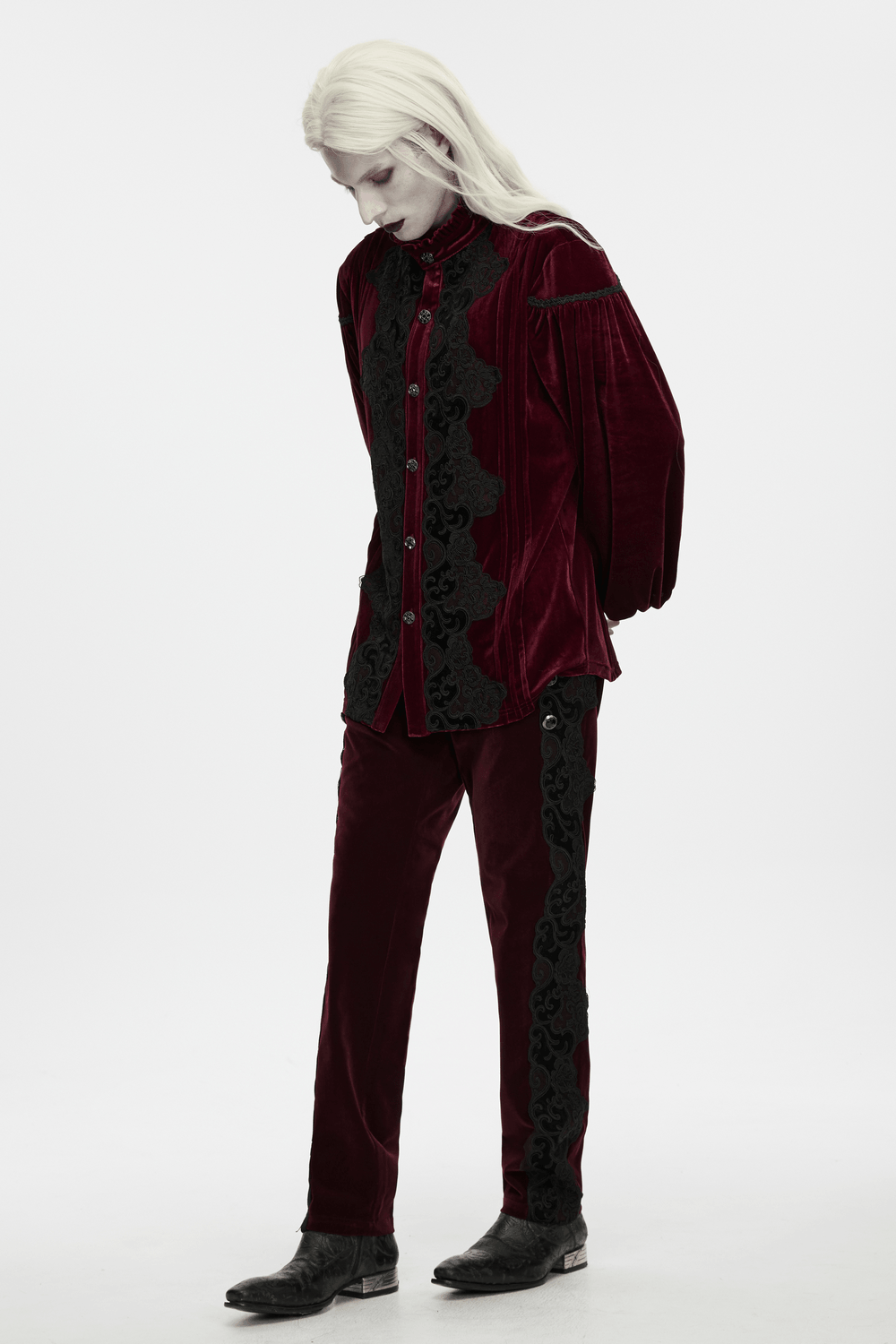 Men's Burgundy Gothic Velvet Court Shirt with Lace, Victorian-style velvet shirt with black embroidery and ruffled collar