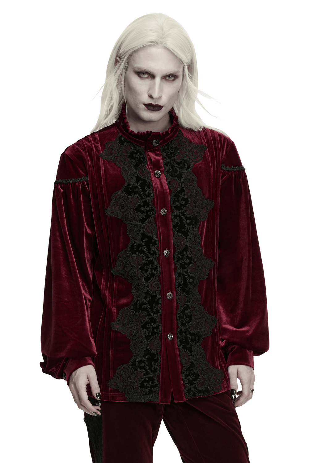 Men's Burgundy Gothic Velvet Court Shirt with Lace, Victorian ruffled collar, black vine embroidery and ornate buttons