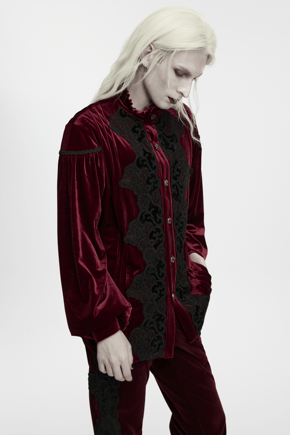 Men's Burgundy Gothic Velvet Court Shirt with Lace, burgundy velvet and black lace details for a dramatic Victorian look