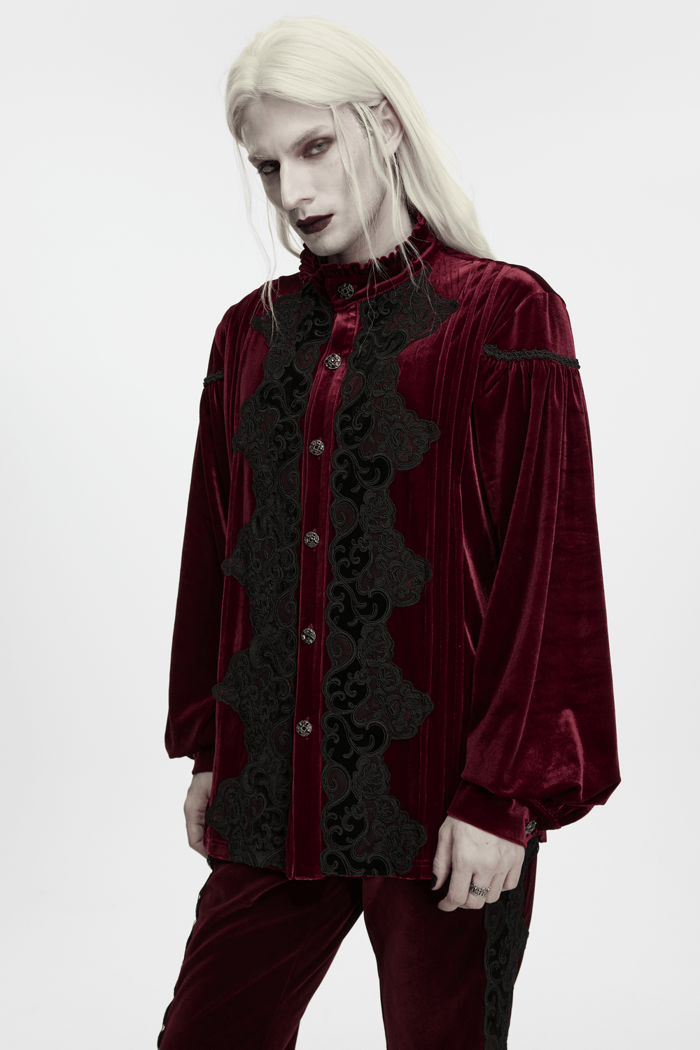 Men's Burgundy Gothic Velvet Court Shirt with Lace, ruffled collar and black vine embroidery for a dramatic Victorian look