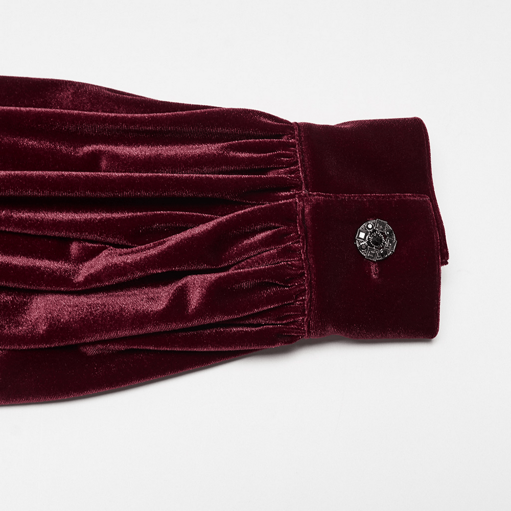 Men's Burgundy Gothic Velvet Court Shirt with Lace, burgundy velvet cuff with ornate gemstone button