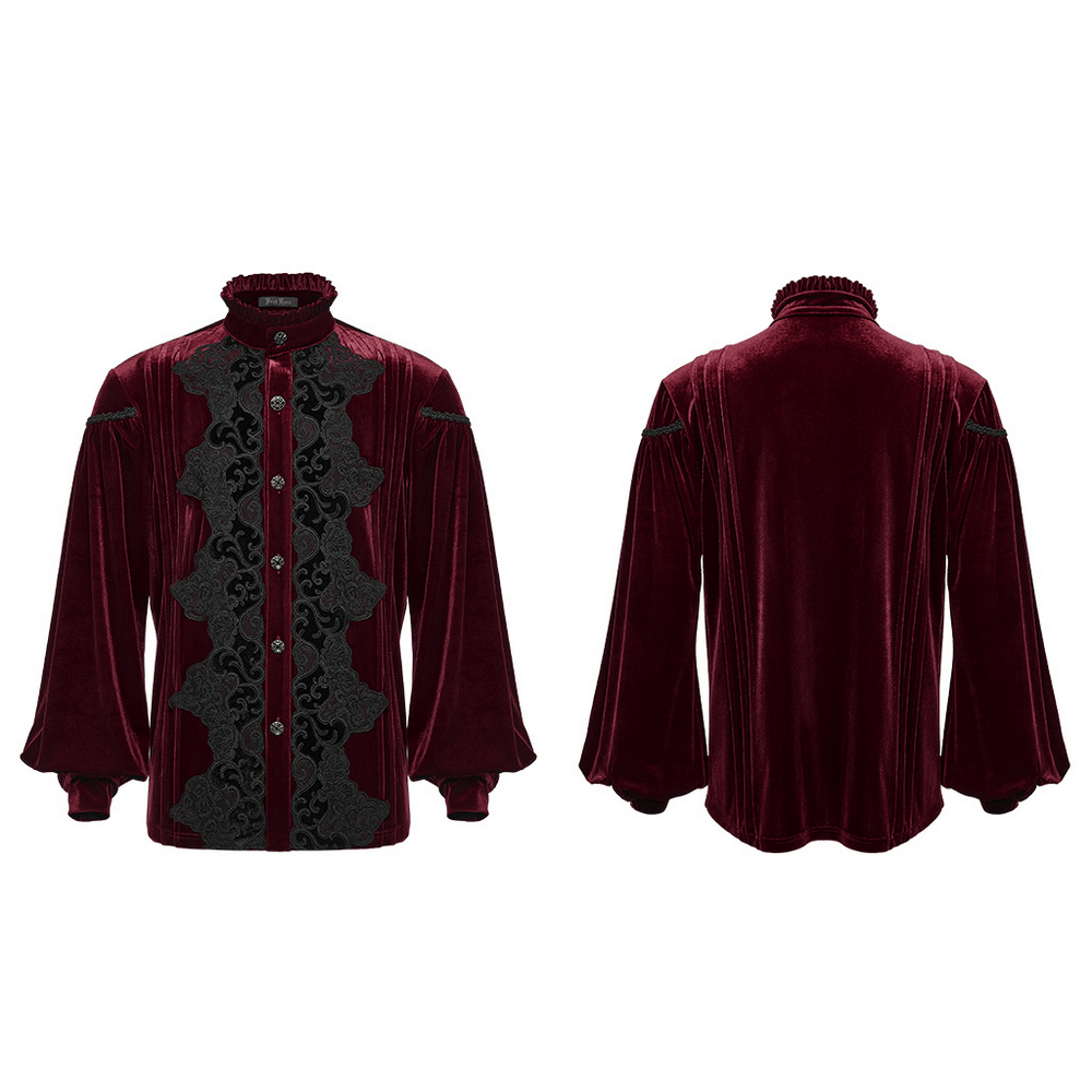 Men's Burgundy Gothic Velvet Court Shirt with Lace in burgundy velvet, ruffled collar, lace front, and lantern sleeves