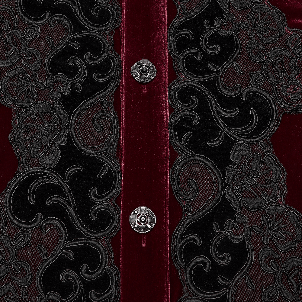 Men's Burgundy Gothic Velvet Court Shirt with Lace, black vine embroidery and ornate gemstone buttons