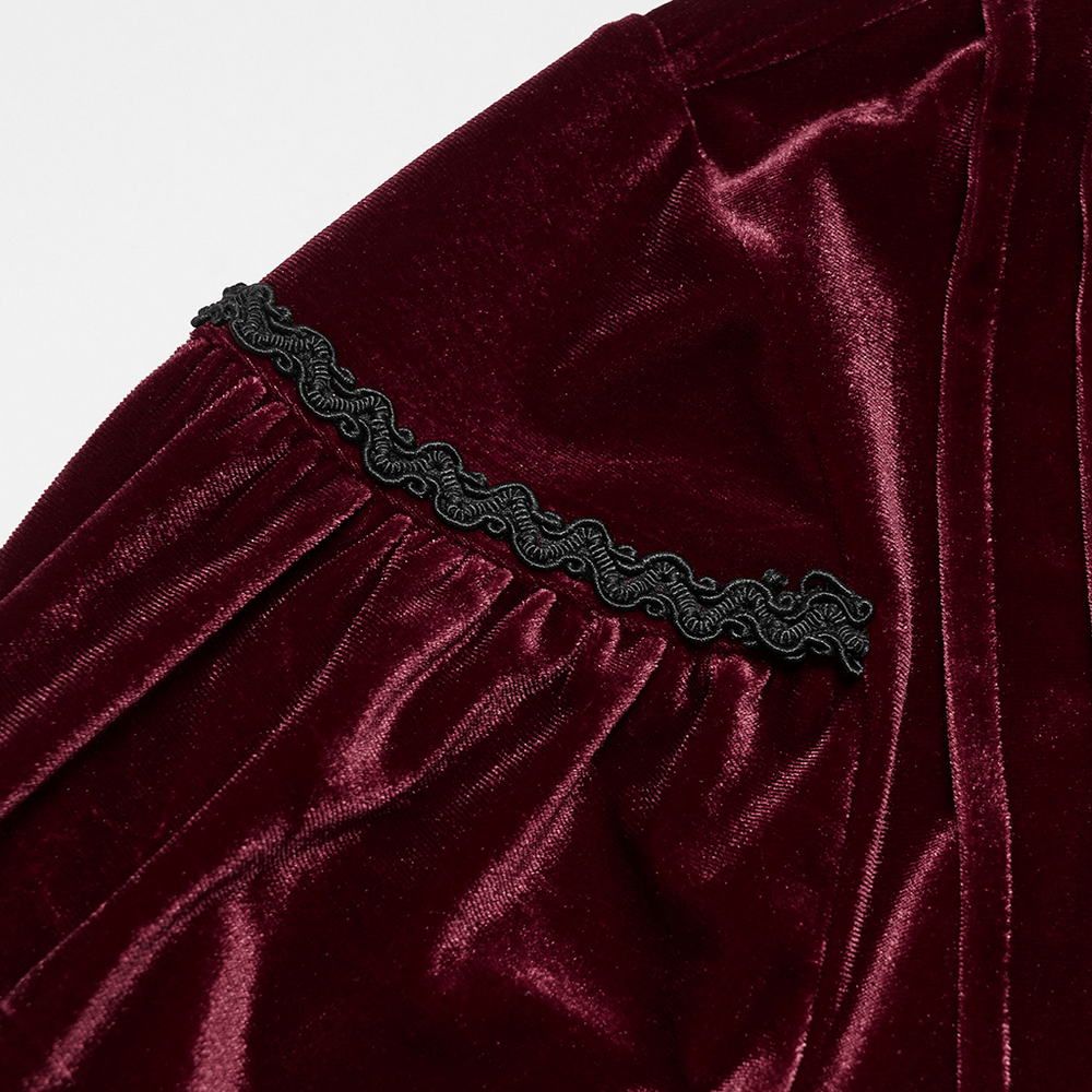 Men's Burgundy Gothic Velvet Court Shirt with Lace, burgundy velvet with black vine embroidery and ruffled sleeve detail