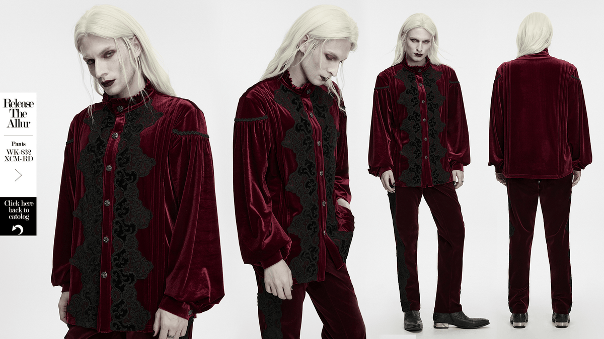 Men's Burgundy Gothic Velvet Court Shirt with Lace, burgundy velvet, black embroidery, ruffled collar, Gothic style