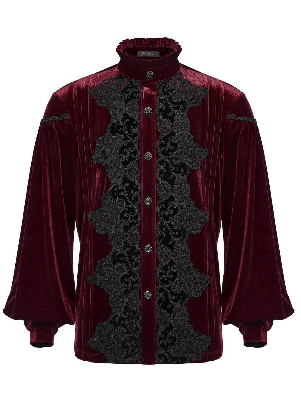 Men's Burgundy Gothic Velvet Court Shirt with Lace, ruffled collar, black vine embroidery, and lantern sleeves