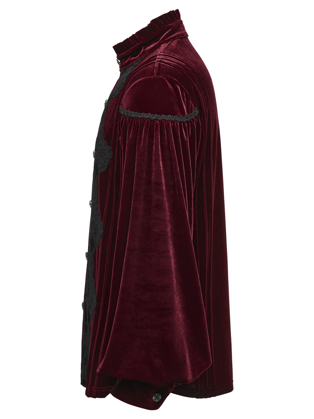 Men's Burgundy Gothic Velvet Court Shirt with Lace, Victorian ruffled collar, black embroidery, and plush velvet sheen.