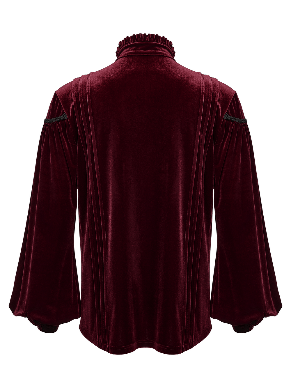 Men's Burgundy Gothic Velvet Court Shirt with Lace, burgundy velvet back view with ruffled collar and lantern sleeves