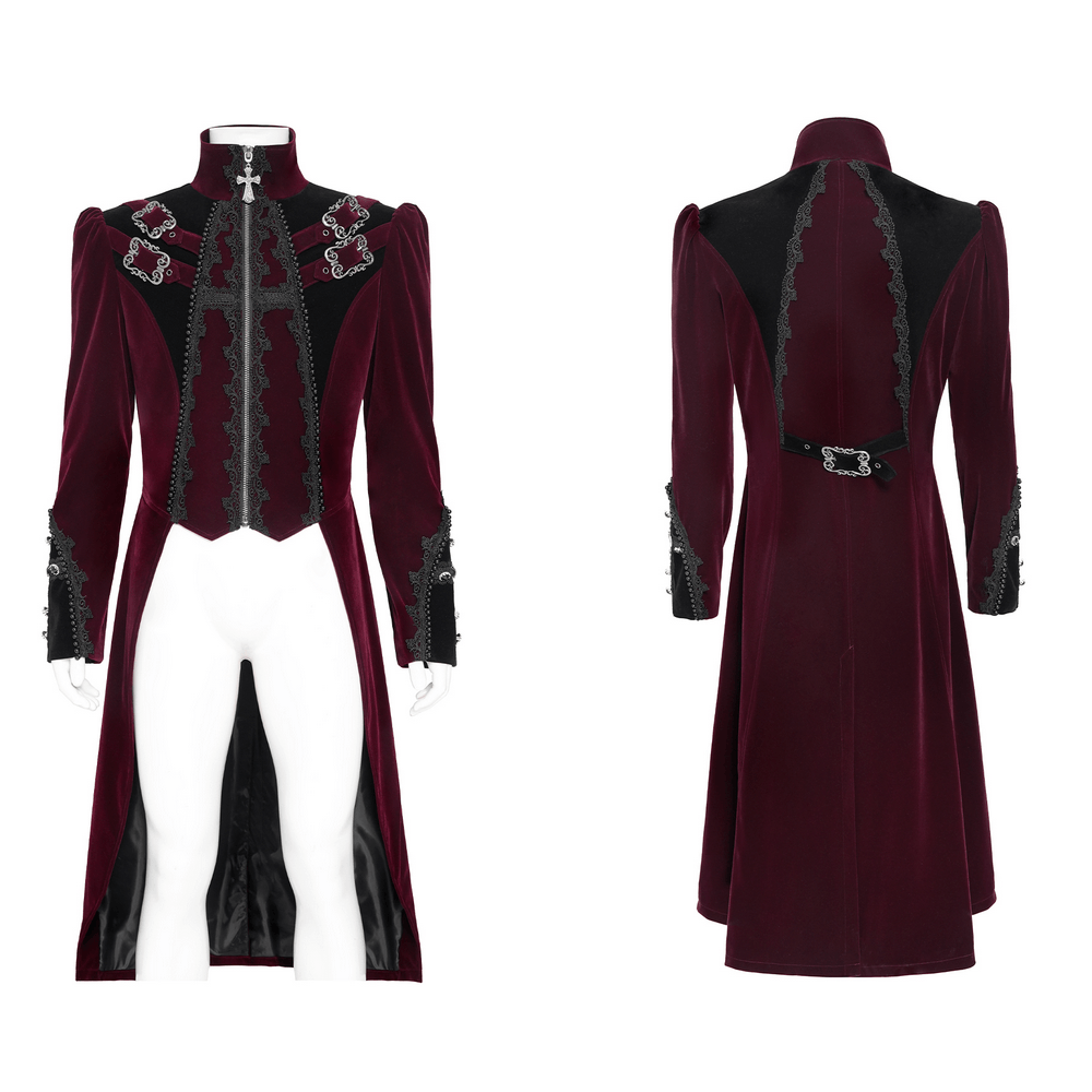 Men's Burgundy Gothic Velvet Tailcoat with Lace displayed on a mannequin, featuring intricate details and a luxurious fabric.