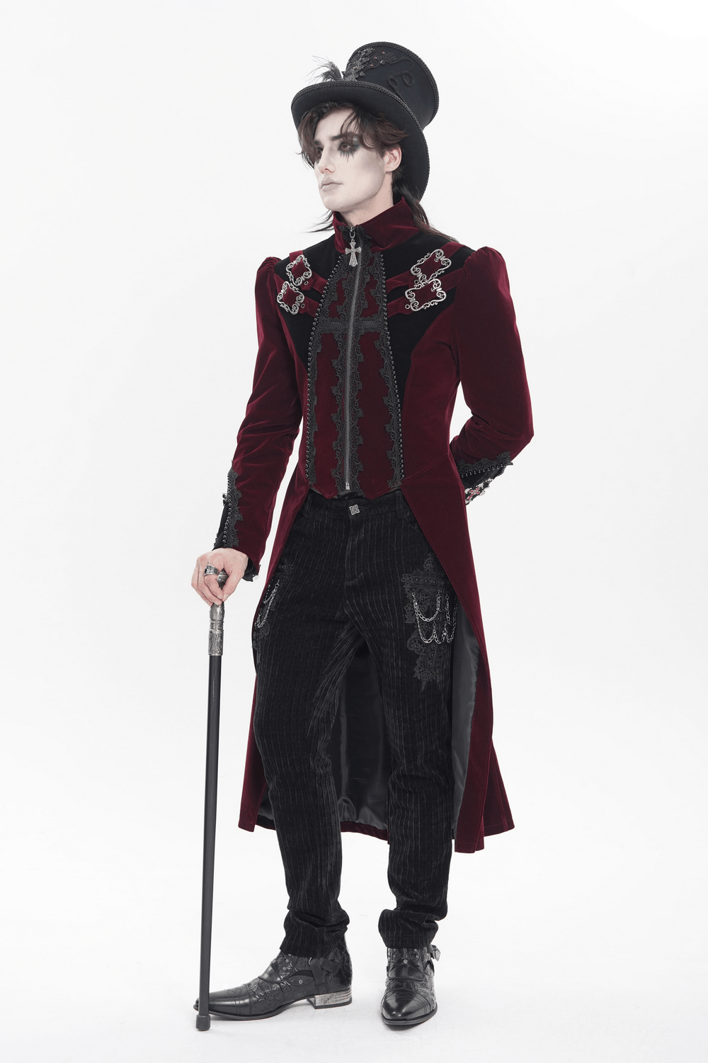 Men's Burgundy Gothic Velvet Tailcoat with Lace showcased by a model in a dramatic pose, exuding vintage elegance.