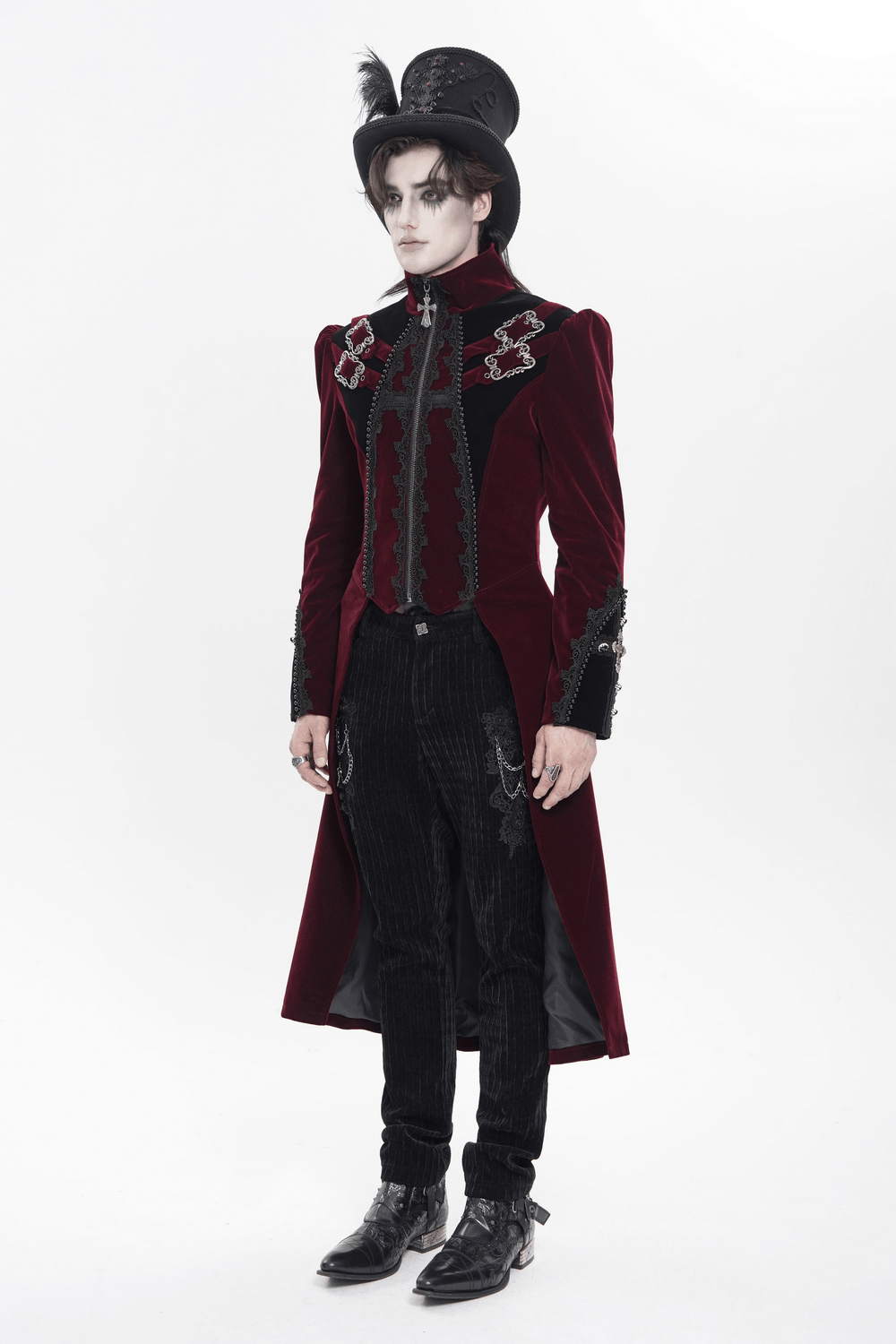 Men's Burgundy Gothic Velvet Tailcoat with Lace worn by a model, highlighting its luxurious design and dark aesthetic.