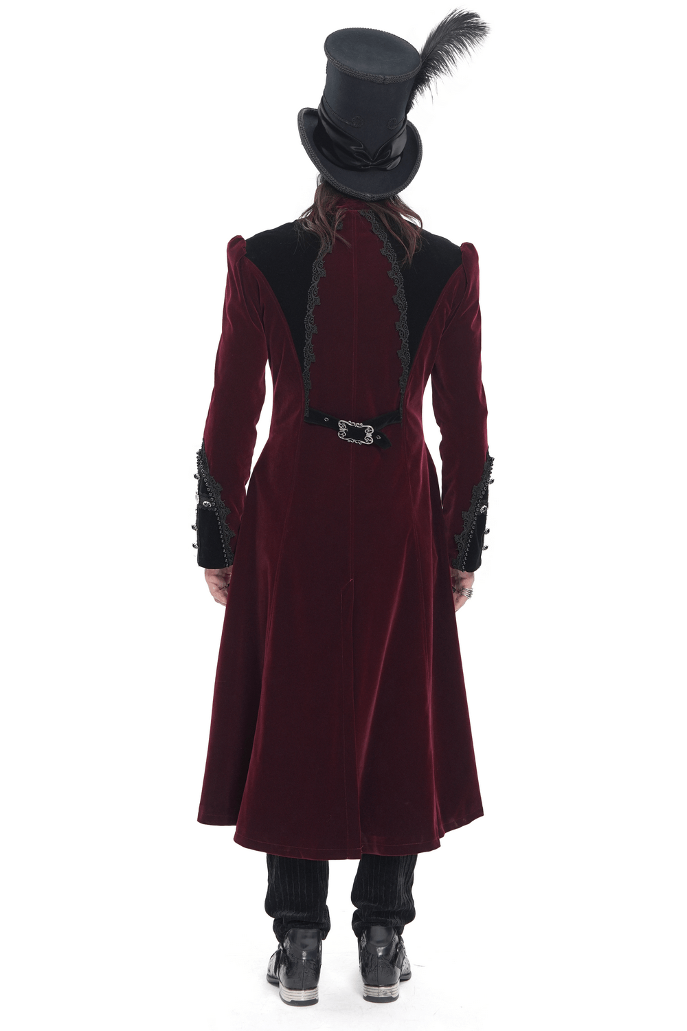 Men's Burgundy Gothic Velvet Tailcoat with Lace shown from the back, featuring a stylish top hat and elegant details.