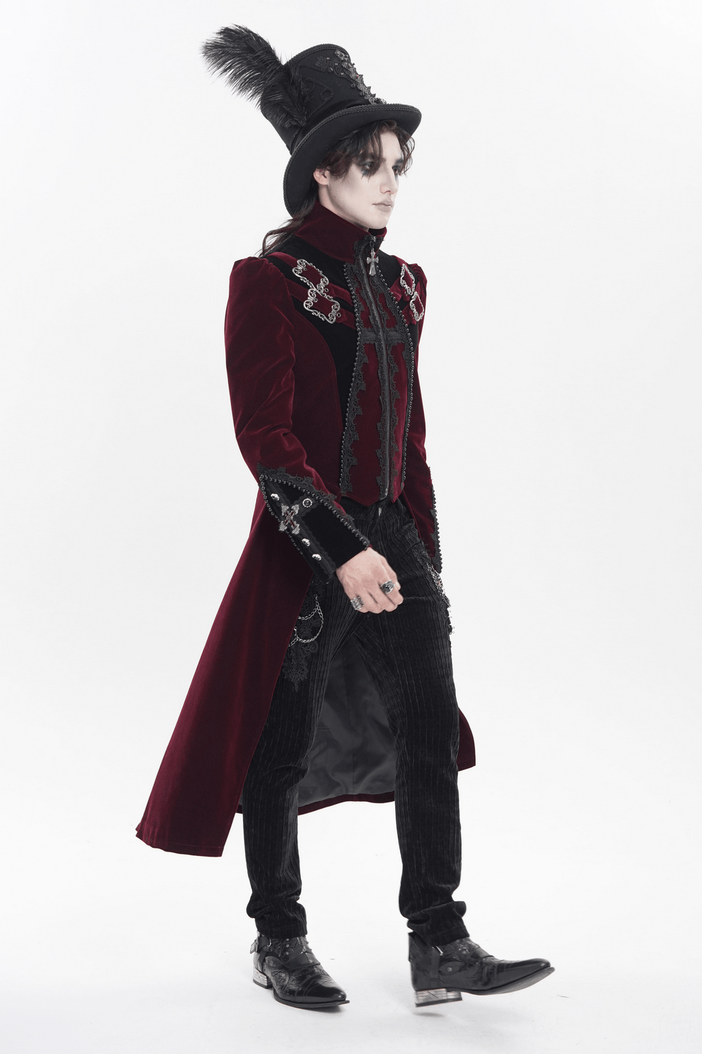 Men's Burgundy Gothic Velvet Tailcoat with Lace worn by a model, exuding elegance and gothic charm.