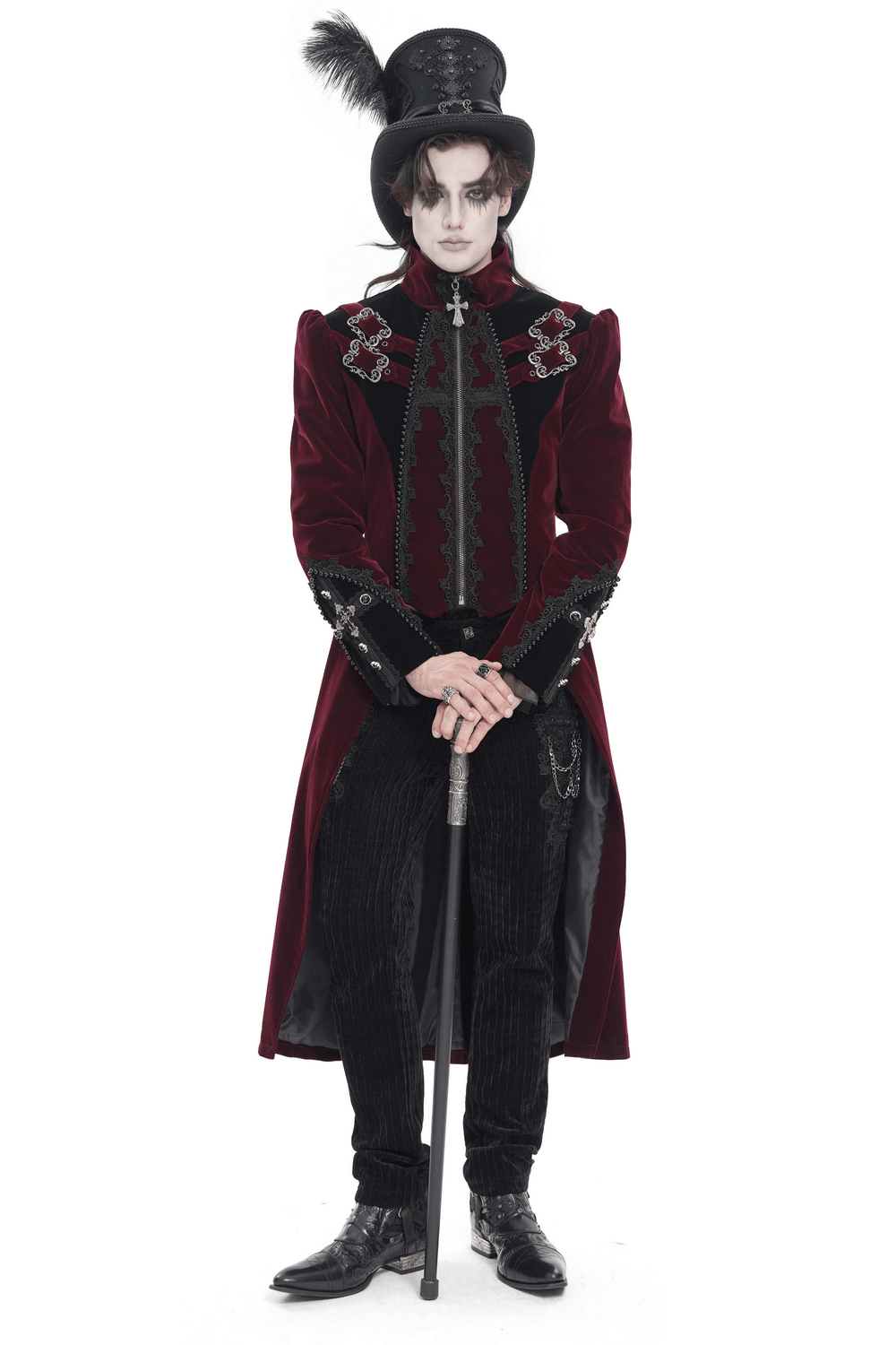 Men's Burgundy Gothic Velvet Tailcoat with Lace worn by a model in a striking pose.
