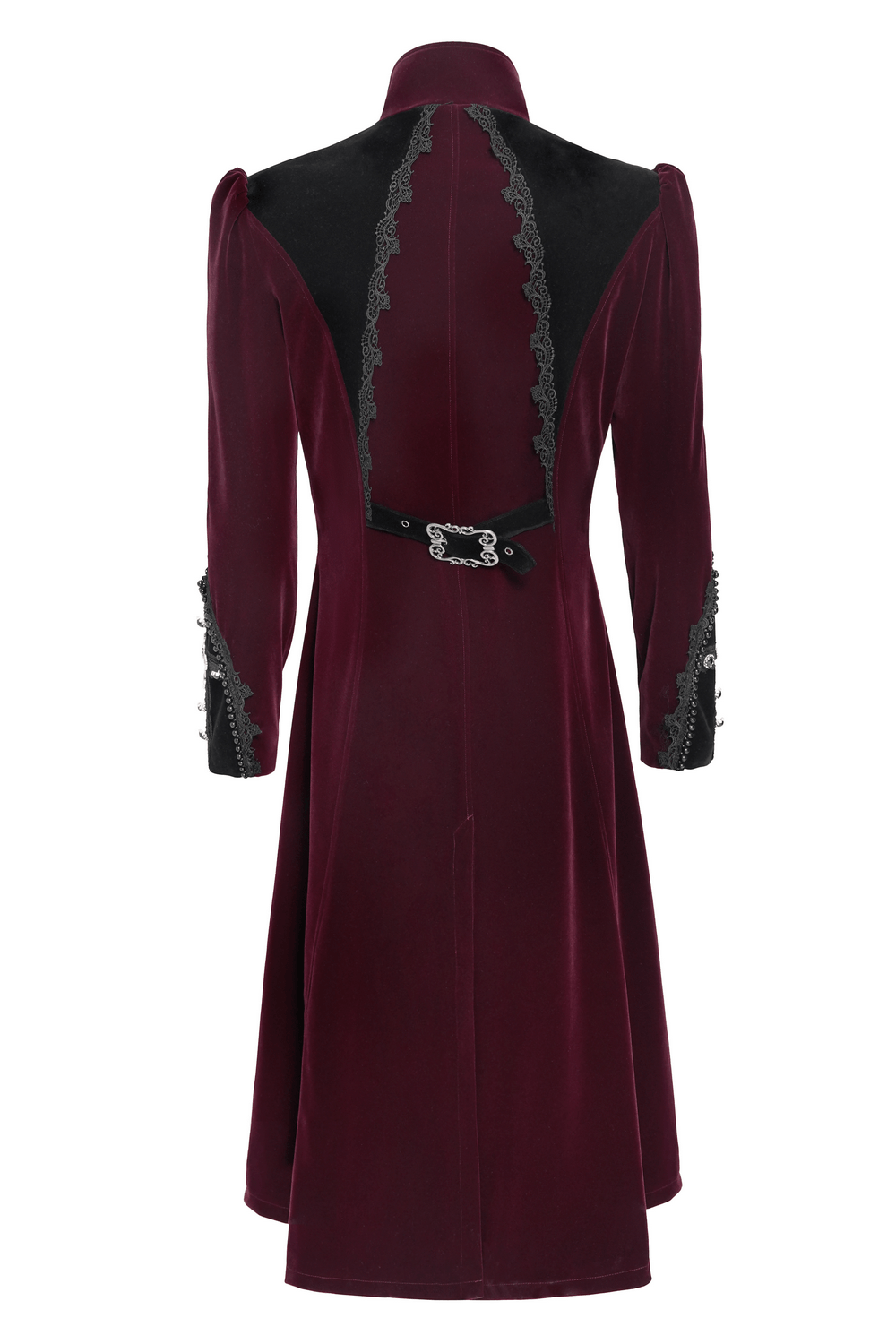 Men's Burgundy Gothic Velvet Tailcoat with Lace displayed from the back, showcasing elegant lace details and rich fabric.