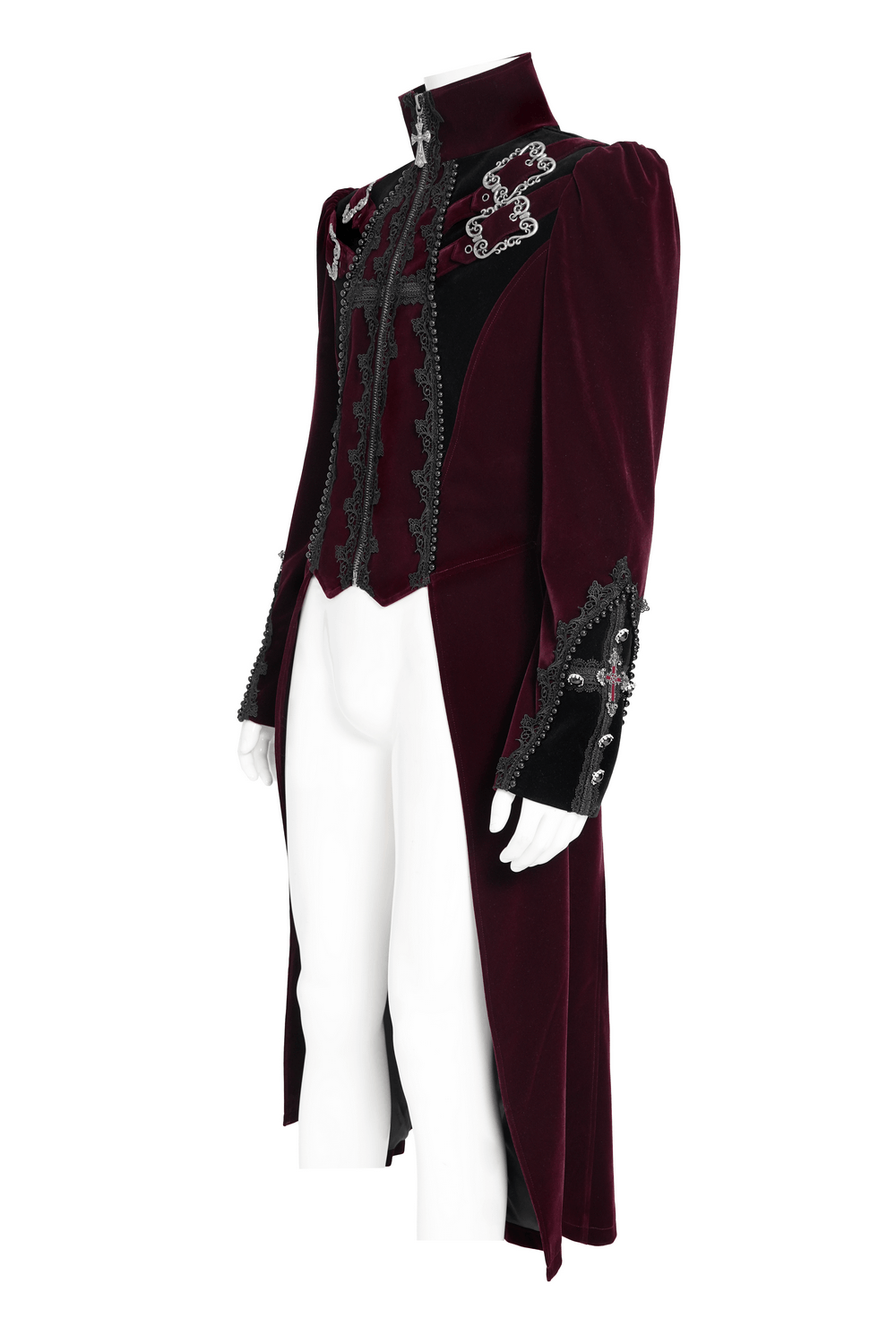 Men's Burgundy Gothic Velvet Tailcoat with Lace showcasing elegant design and intricate details.