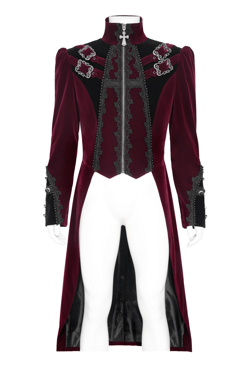Men's Burgundy Gothic Velvet Tailcoat with Lace displayed on a mannequin showcasing intricate details and rich color.
