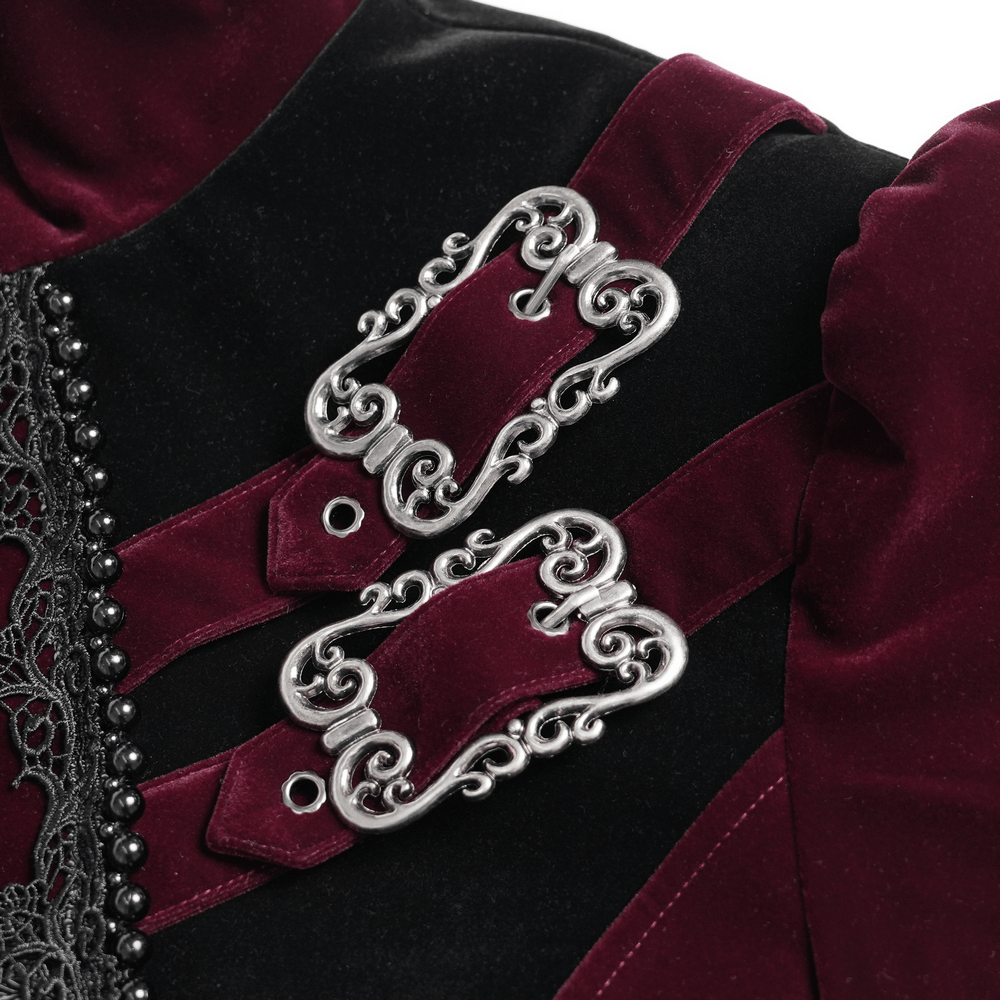 Men's Burgundy Gothic Velvet Tailcoat with Lace detailing, featuring elegant silver buckles and intricate lace accents.