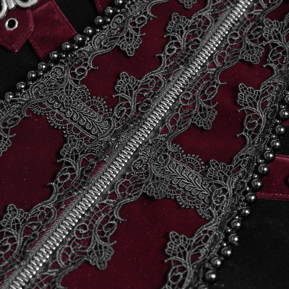 Detail of Men's Burgundy Gothic Velvet Tailcoat with Lace featuring intricate lace and zipper design.