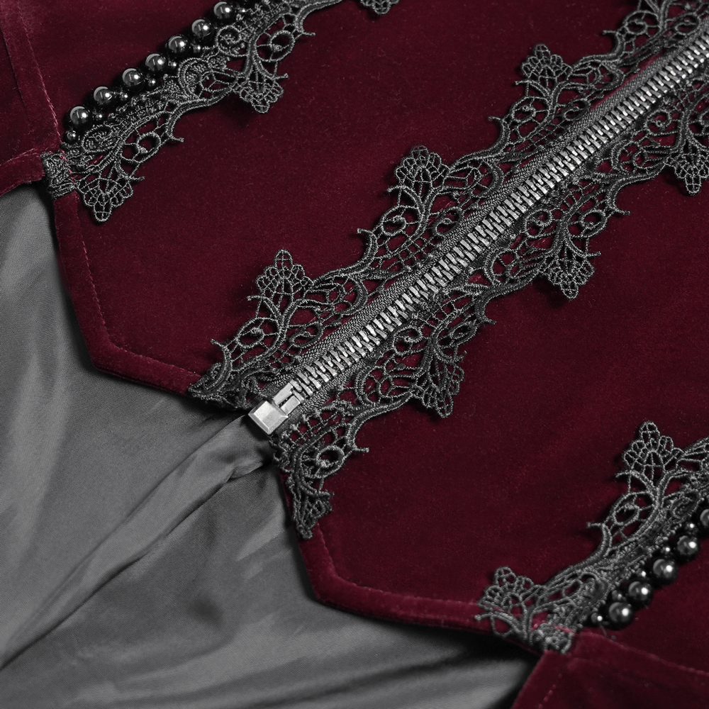 Men's Burgundy Gothic Velvet Tailcoat with Lace detailed view showcasing exquisite lace and velvet texture.