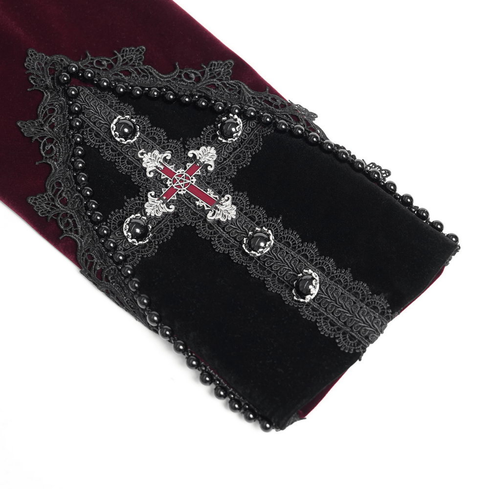 Men's Burgundy Gothic Velvet Tailcoat with Lace detailed sleeve featuring lace and embellishments.