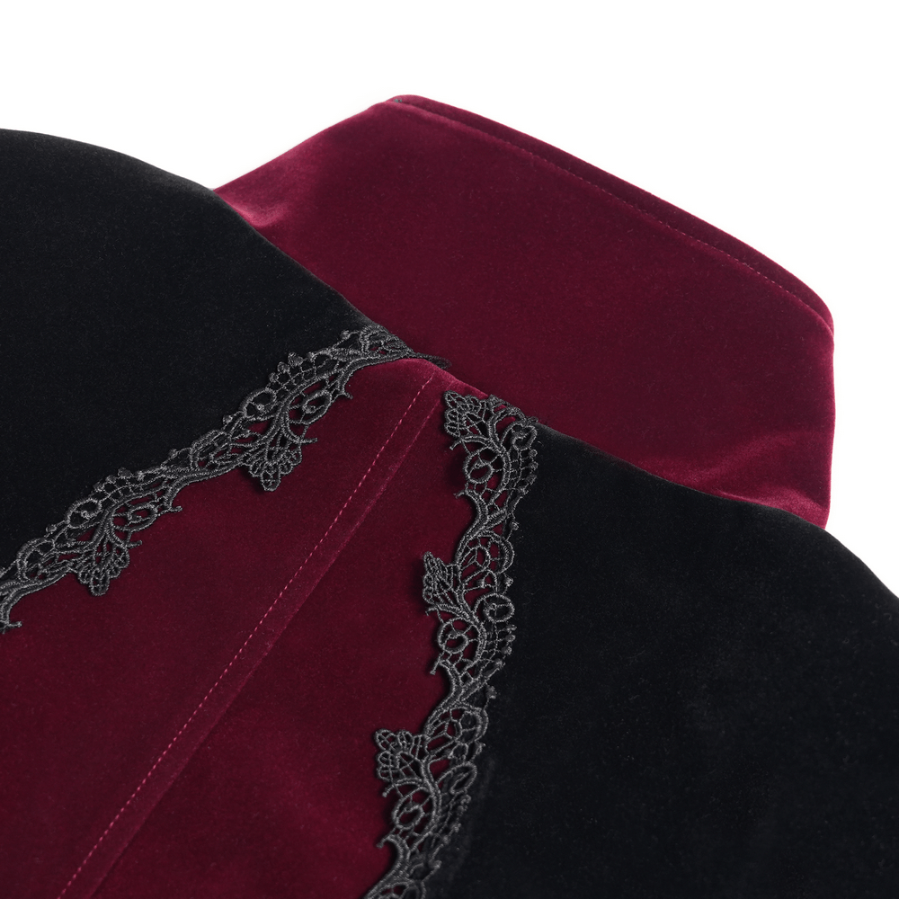 Men's Burgundy Gothic Velvet Tailcoat with Lace detailing and luxurious fabric.