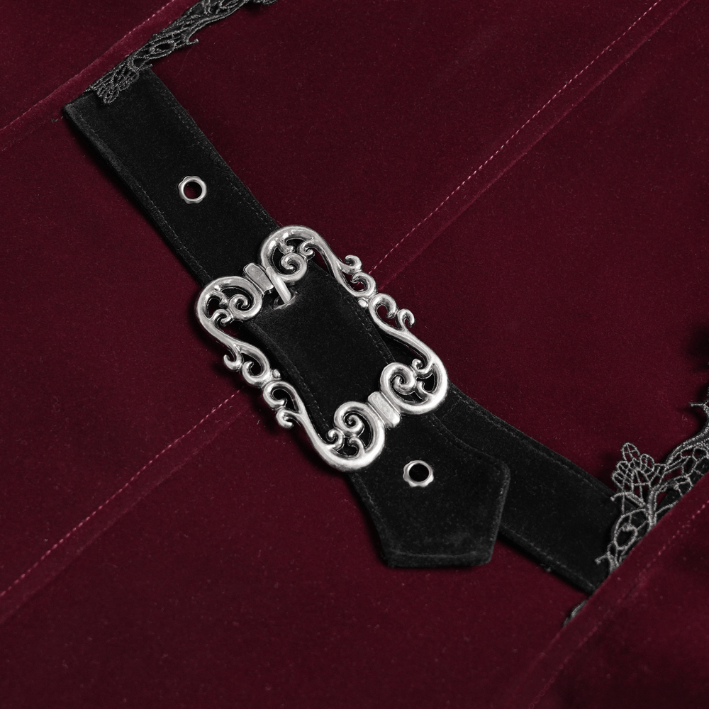 Close-up of the intricate detail on the Men's Burgundy Gothic Velvet Tailcoat with Lace.
