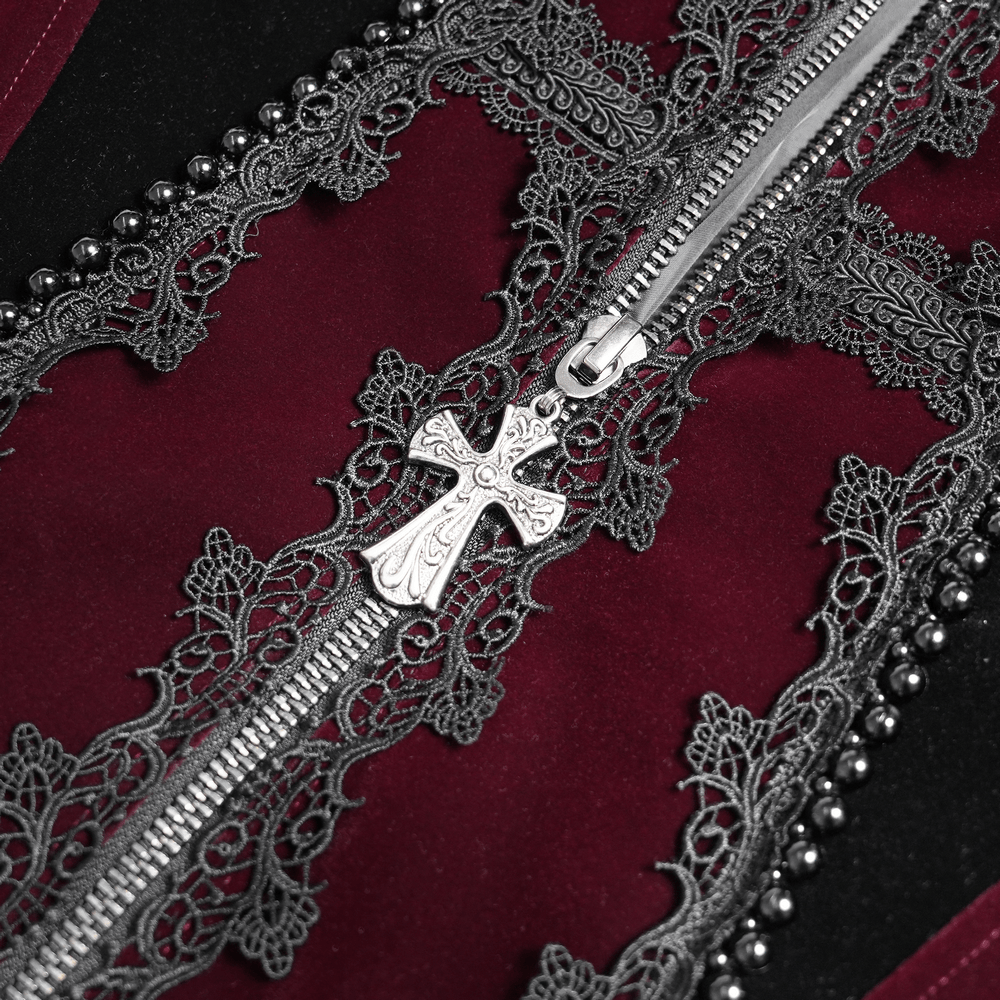 Men's Burgundy Gothic Velvet Tailcoat with Lace featuring intricate lace details and a stylish zipper.