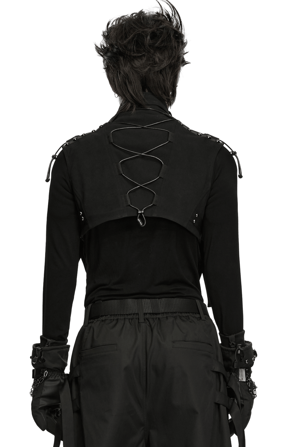 Men's Cropped High Collar Vest with Buckles and Panels, black techwear style with back lacing and futuristic armor details