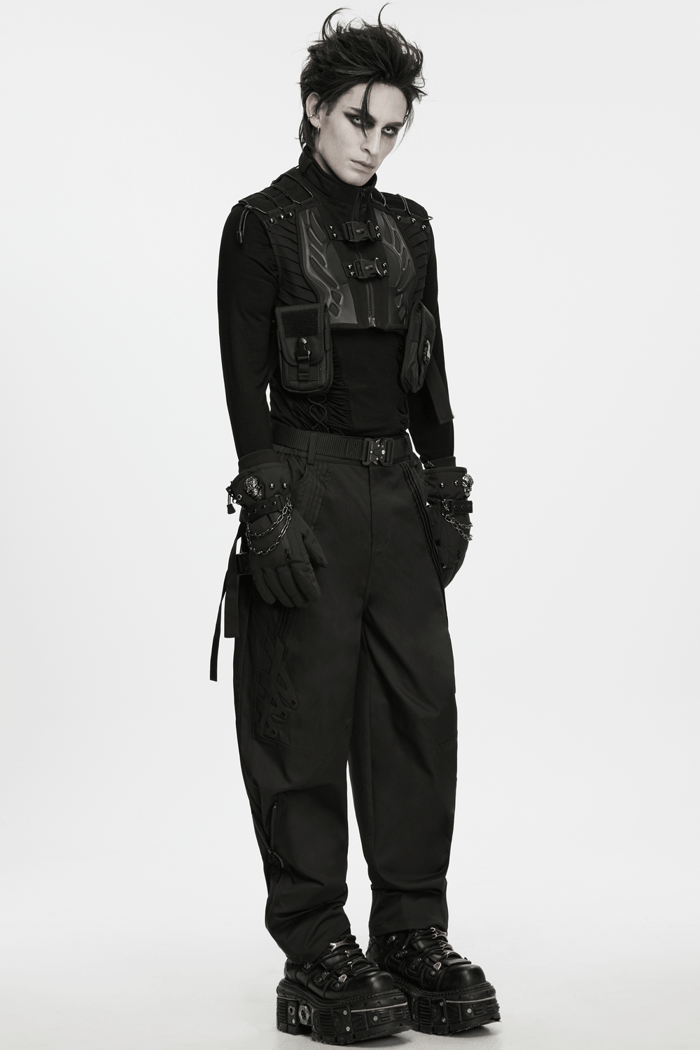 Men's Cropped High Collar Vest with Buckles and Panels, edgy techwear style with buckle details and mech-inspired design