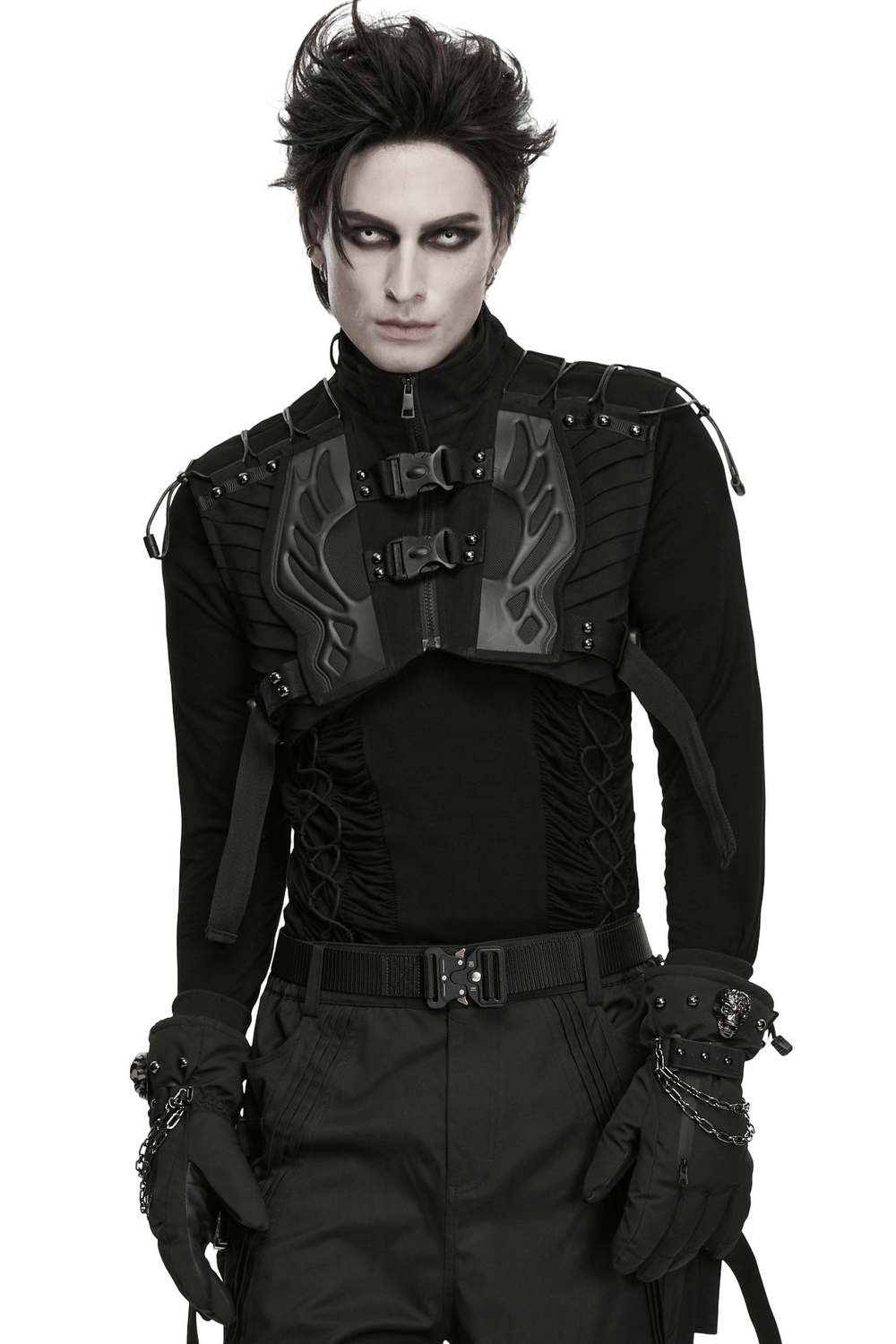 Men's Cropped High Collar Vest with Buckles and Panels, black techwear style with geometric armor details