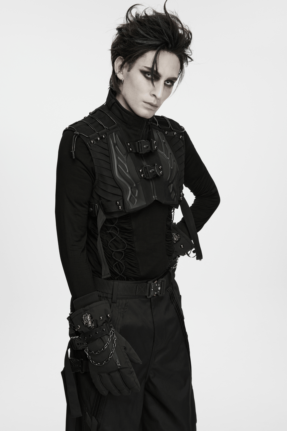 Men's Cropped High Collar Vest with Buckles and Panels, futuristic black techwear with armor-style details