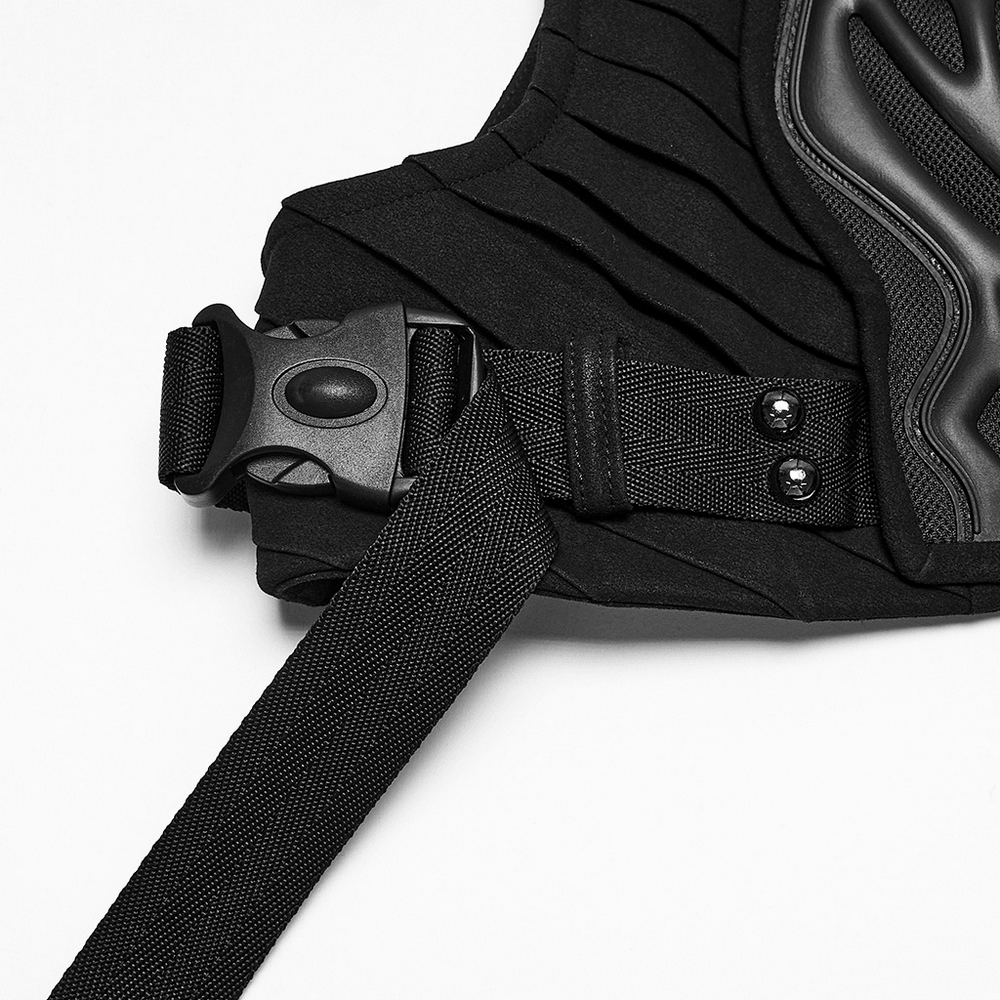 Men's Cropped High Collar Vest with Buckles and Panels, black techwear with buckle strap and mech-style side details
