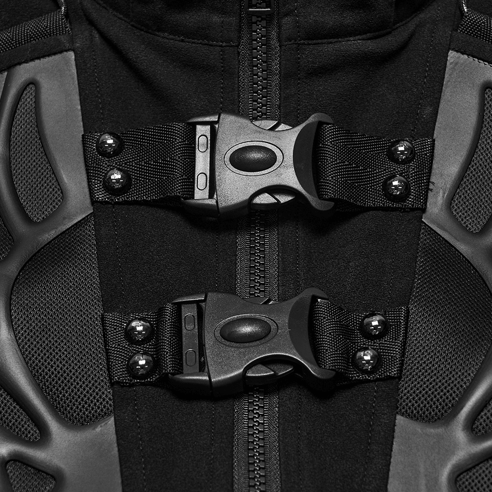 Men's Cropped High Collar Vest with Buckles and Panels black techwear vest with zipper, buckles, and geometric armor-style panels