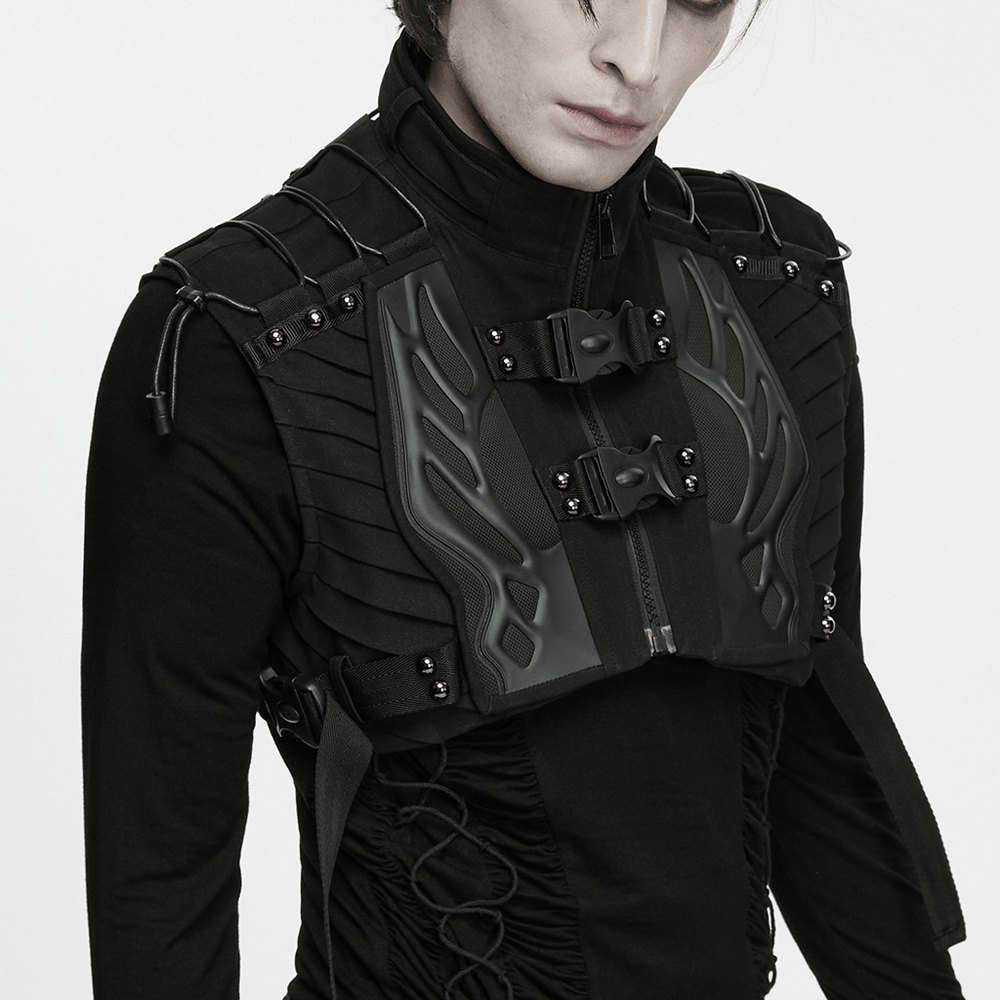 Men's Cropped High Collar Vest with Buckles and Panels, black techwear vest with mech panels and buckle details