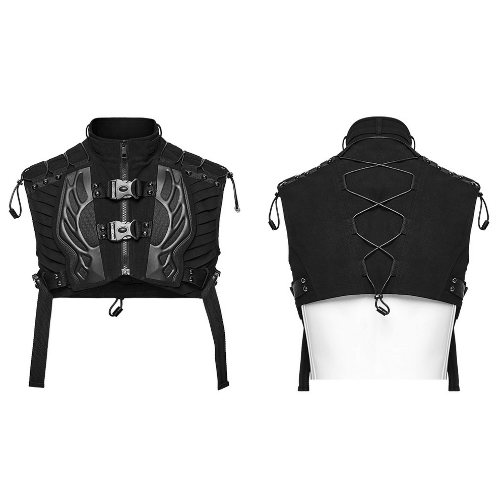 Men's Cropped High Collar Vest with Buckles and Panels black techwear vest with mech panels, back lacing and detachable pouches